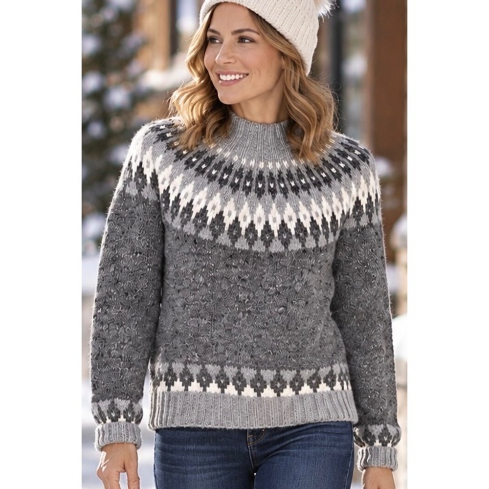 Lauren Ralph Lauren Gray Fair Isle Hand Knit Sweater PL Wool Alpaca Nordic Mock